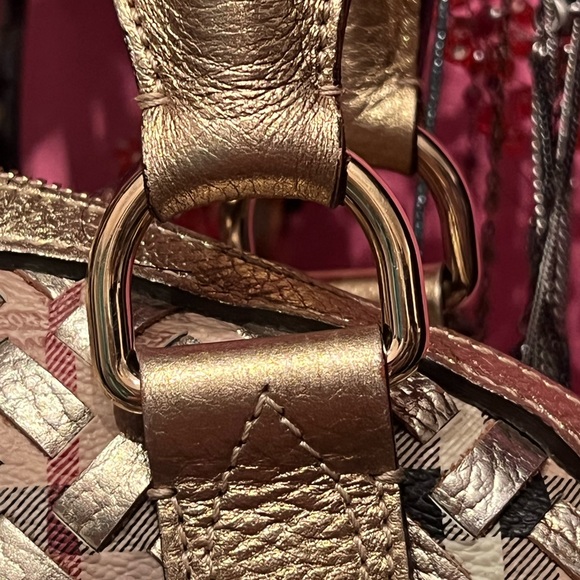 *AUTHENTIC BURBERRY* Gold/Beige Haymarket Check PVC and Leather Thornley Satchel - Picture 14 of 15